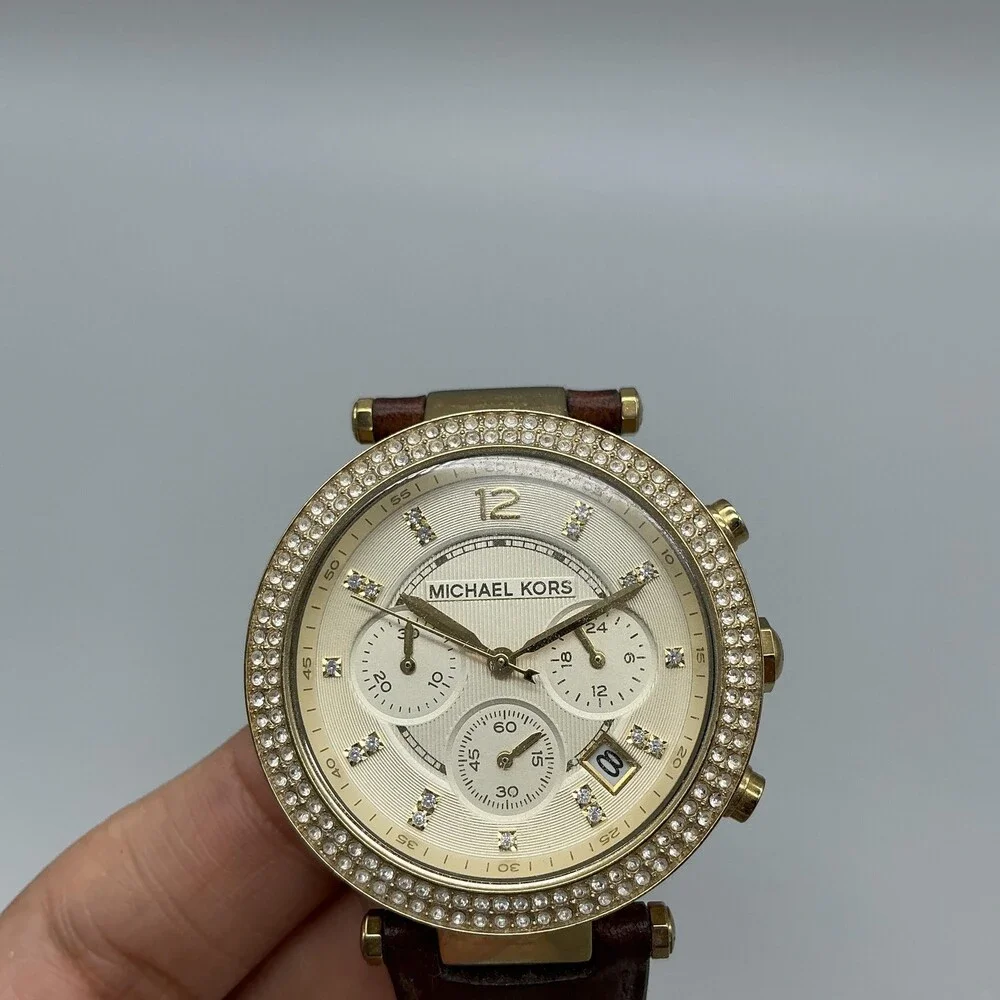 Michael Kors Parker MK-2249 Womens Watch 39mm Gold Tone Chronograph New Battery